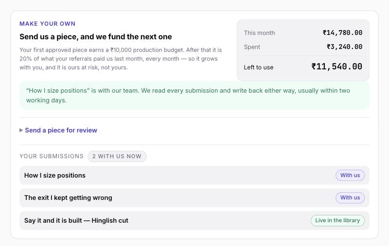 The production budget inside the portal: this month's grant, what has been spent, what is left, and the affiliate's own submissions with their review status.
