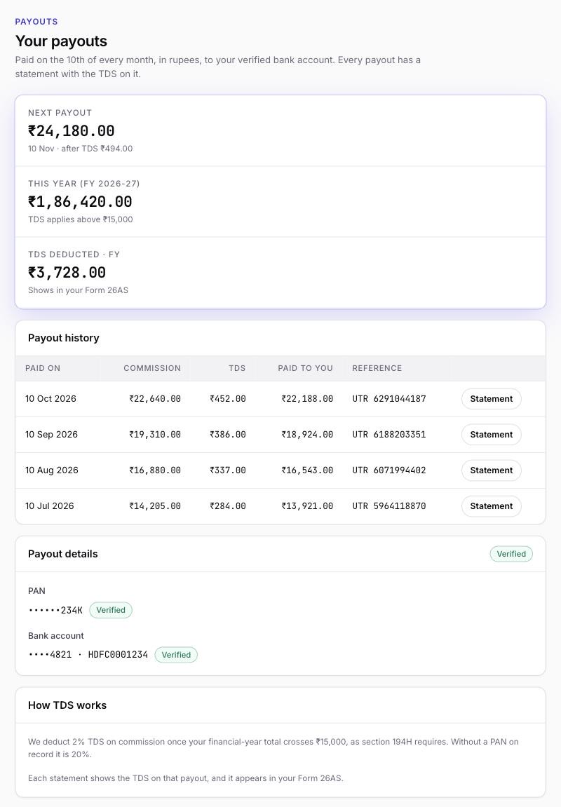 The Payouts page: next payout, the year's total, TDS deducted, and a payout history with a statement and UTR for each month.