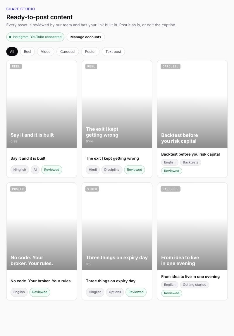 The Share studio: a grid of reviewed reels, videos, carousels and posters, each tagged with its language and topic.